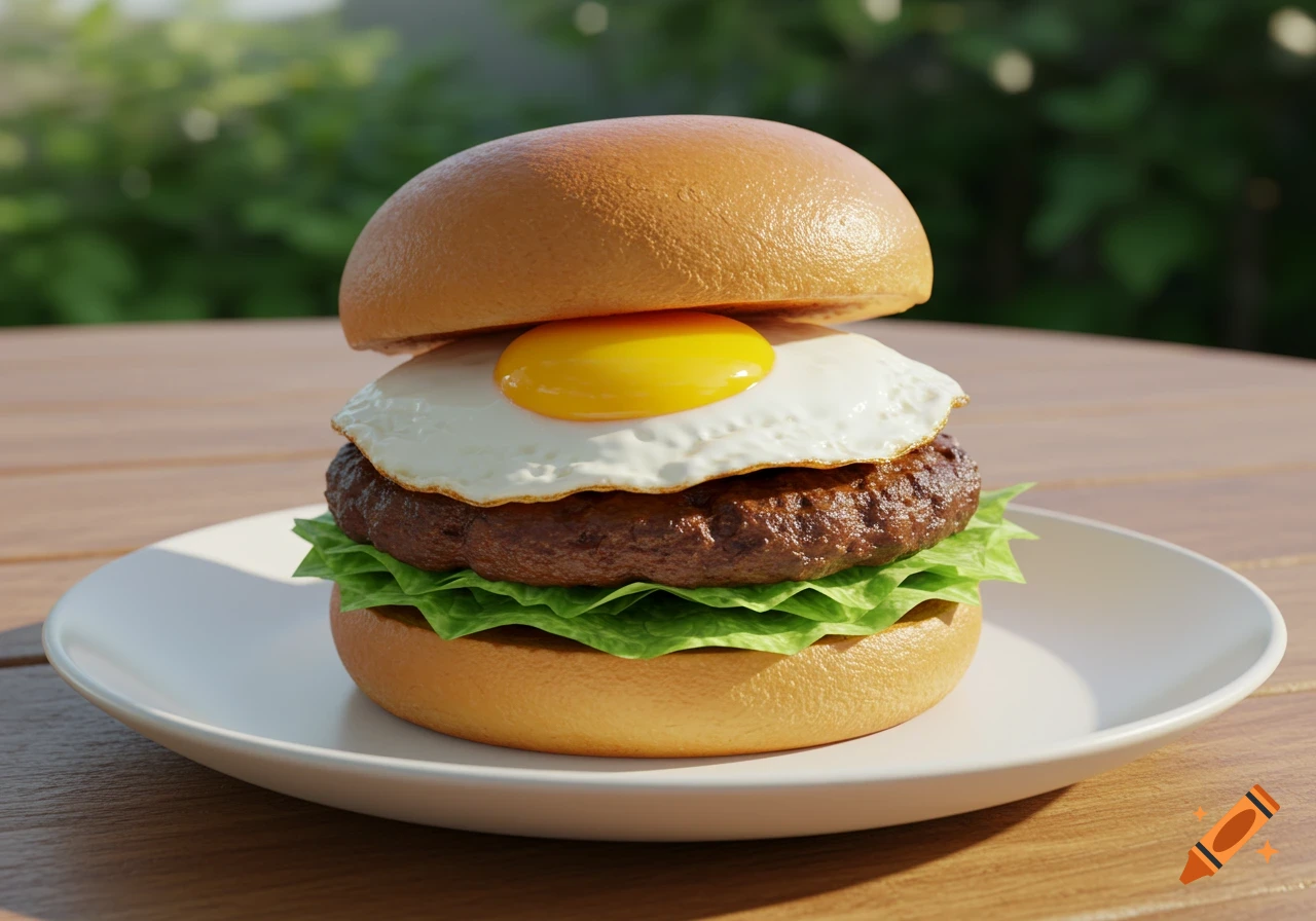 Photorealistic Egg Bulgogi Burger with a fried egg, lettuce, and beef patty on a bun, on a white plate outdoors.