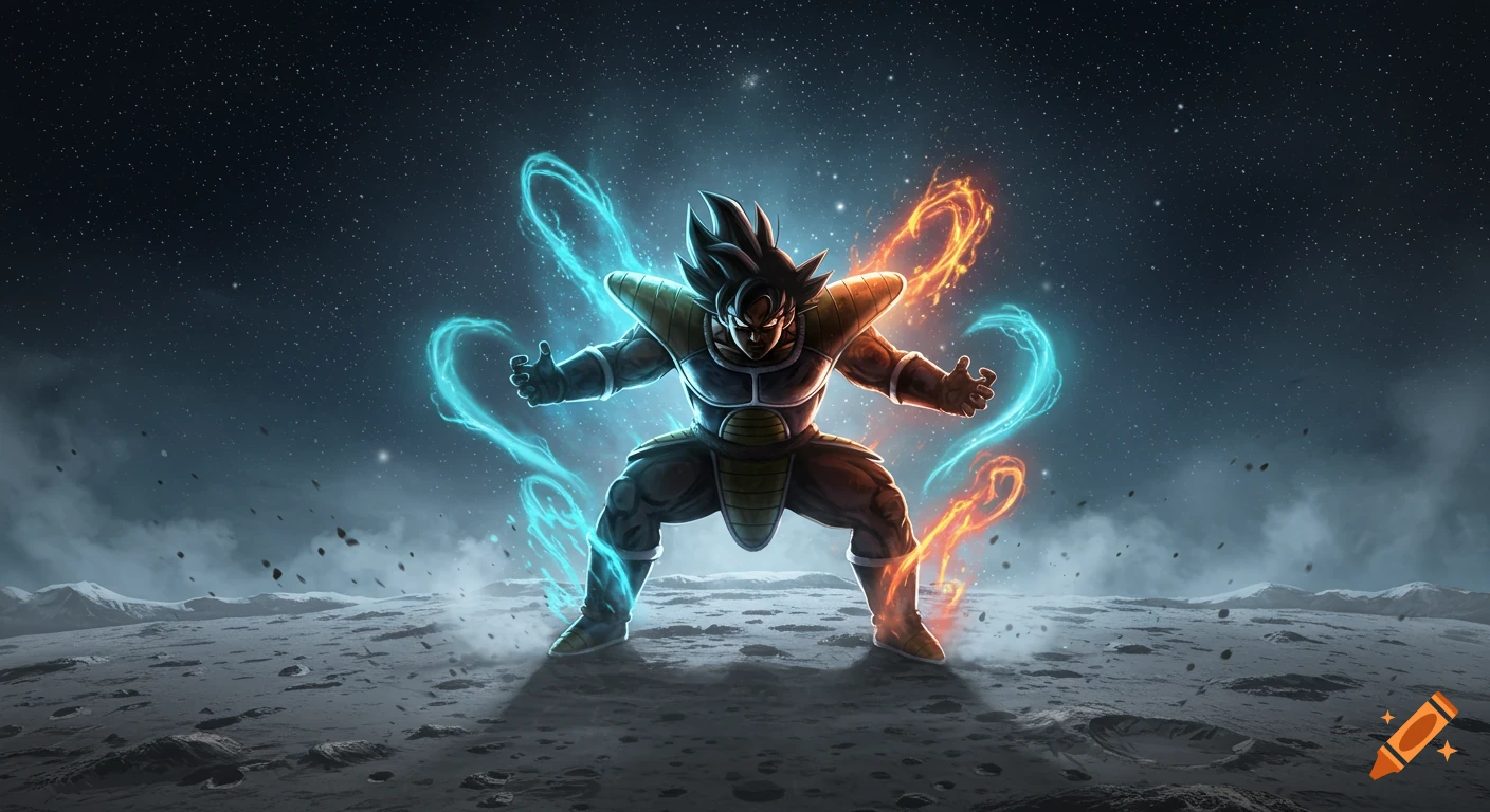 A Saiyan warrior in armor with glowing blue and orange energy, squatting on a cratered moon surface under a starry sky.