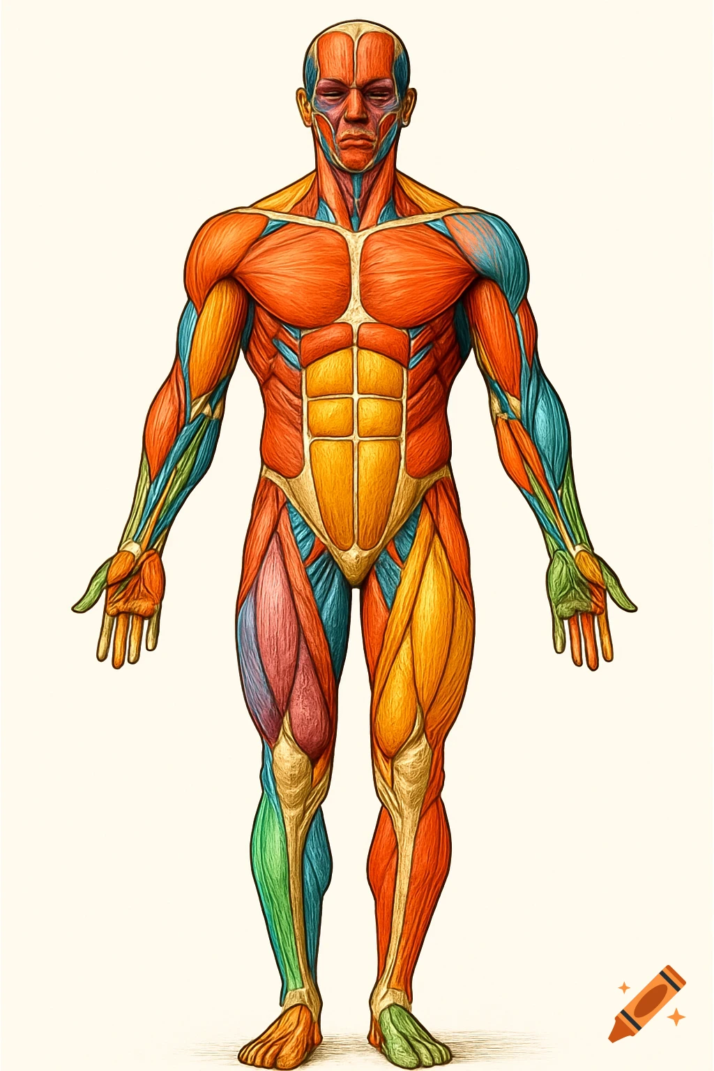 A detailed, colorful illustration of the full human muscular system, with various muscles distinctly colored.
