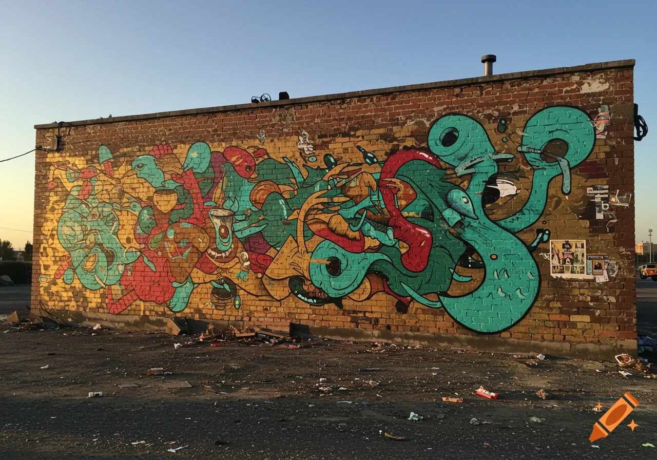 A vibrant, abstract graffiti mural in teal, red, and yellow-gold covers a brick wall, with a clear sky and dusty ground.