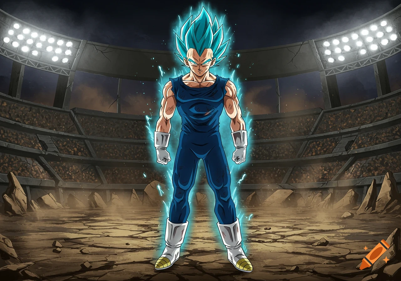 Vegeta in Super Saiyan Blue form with glowing blue aura, wearing a dark blue suit, standing in a damaged combat arena. Anime art style.