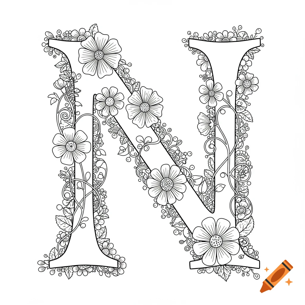 Line art coloring page of the capital letter N intricately decorated with flowers and foliage.