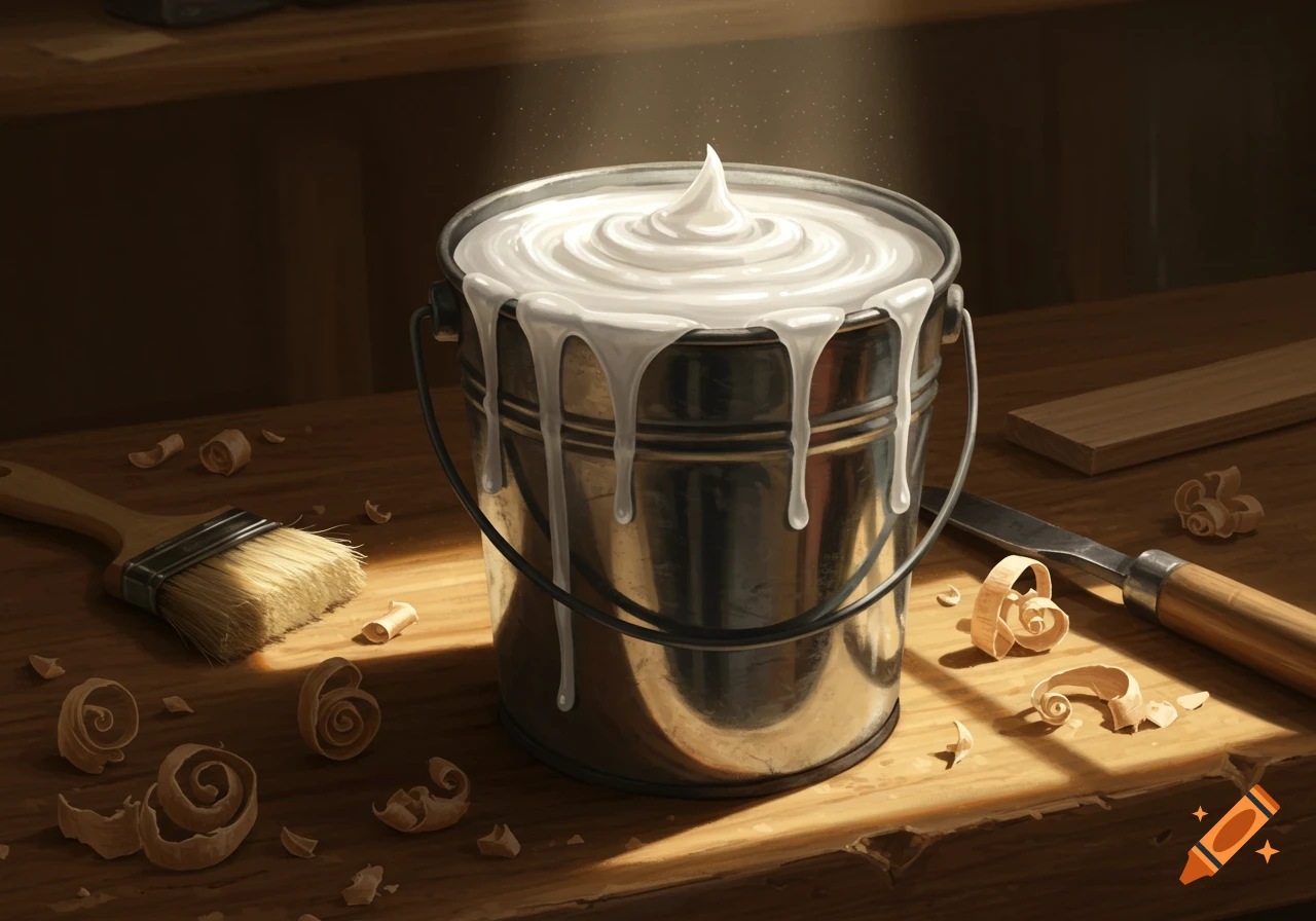 A metal bucket overflowing with white glue sits on a wooden workbench, surrounded by wood shavings, a paint brush, and a carving tool. A beam of light illuminates the scene.