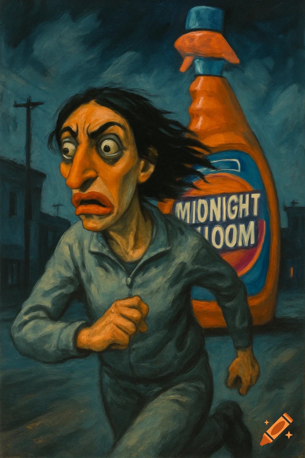 A terrified, distorted woman with a large nose and bulging eyes runs from a giant cleaning spray bottle labeled 'Midnight Bloom' in a dark, painterly style.