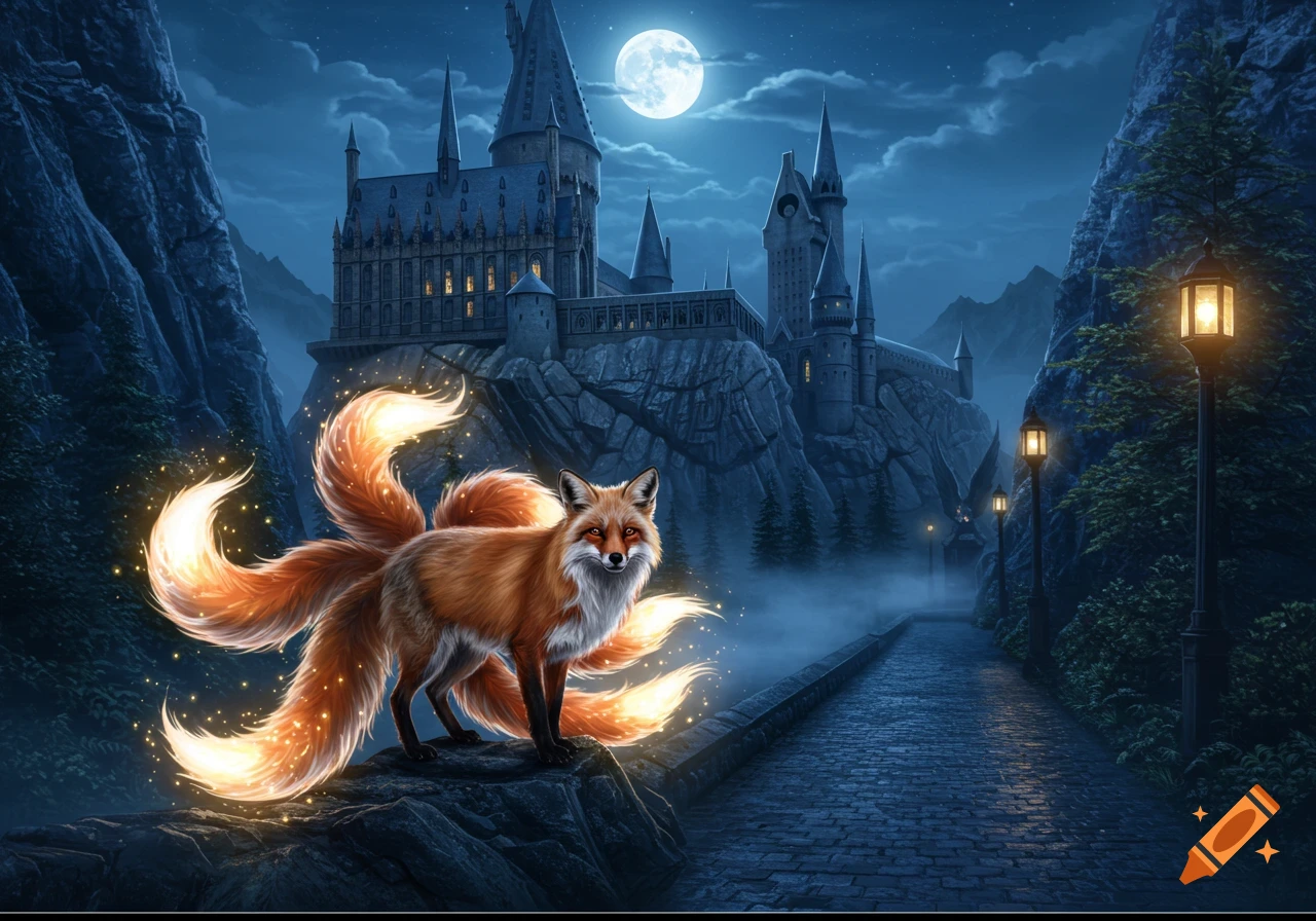 A nine-tailed fox stands on a rock before a gothic castle under a full moon at night, detailed digital art.