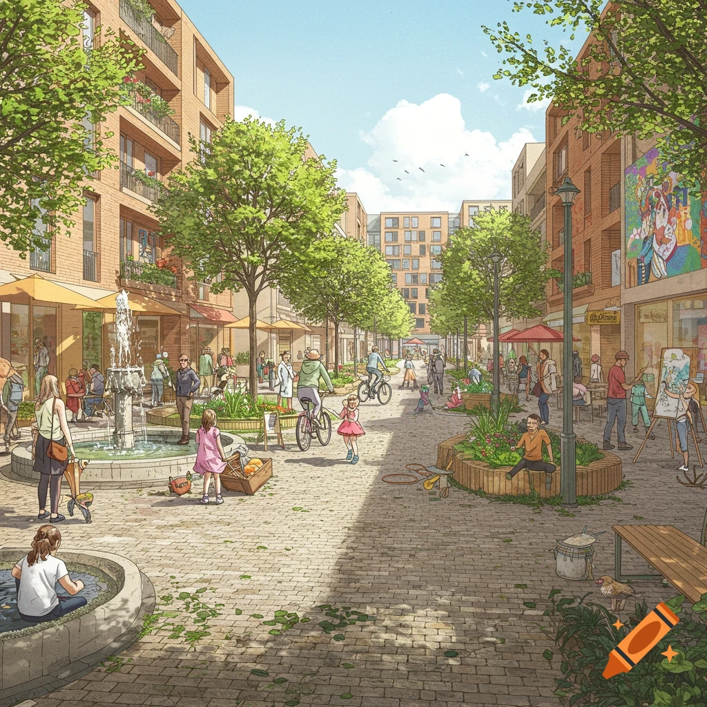 An architectural illustration of a vibrant pedestrian street scene with people walking, cycling, painting, and relaxing around a fountain and shops.