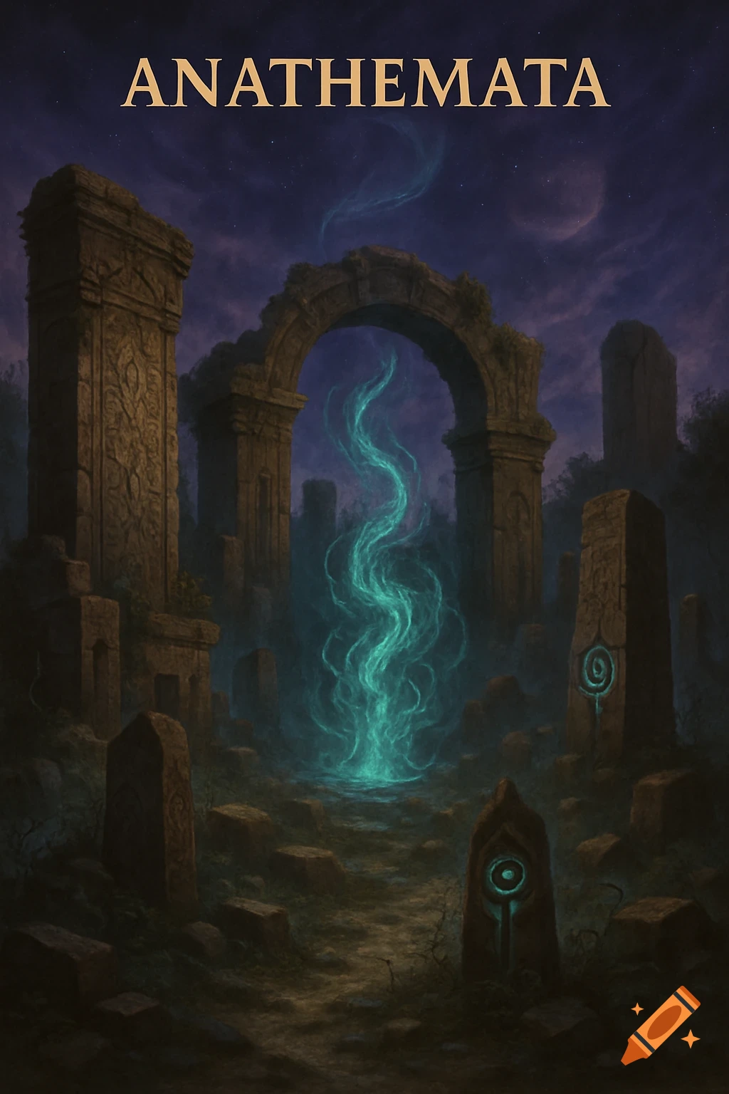 Dark fantasy art of ancient ruins with a turquoise mystical energy rising under a starry night sky. Text 'ANATHEMATA' above.