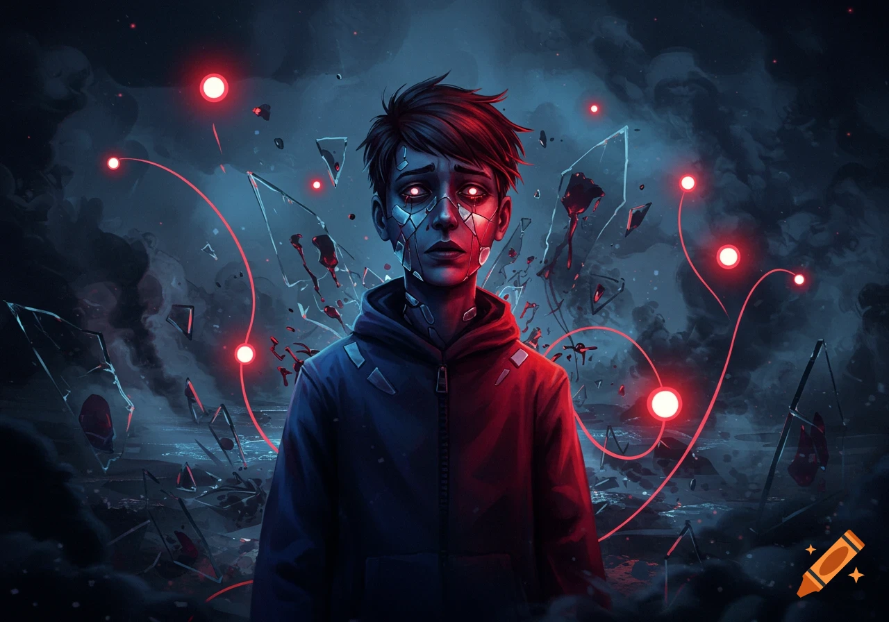 A stylized boy with a cracked face, glowing red eyes, and red-lit hair stands amidst shattered glass and glowing red orbs in a dark, stormy scene.