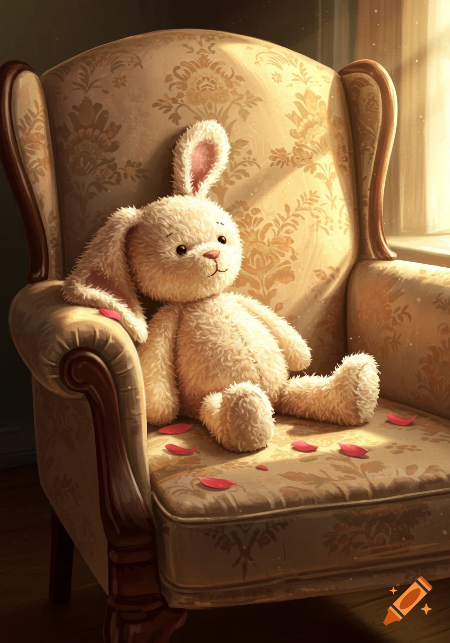 A fluffy white stuffed bunny sits on an ornate armchair with red petals, bathed in warm sunlight, illustration.