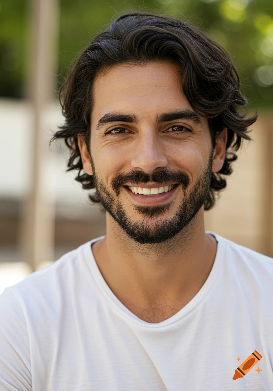 Close-up portrait of a smiling man with dark wavy hair and a trimmed beard, wearing a white t-shirt, against a blurred green background.