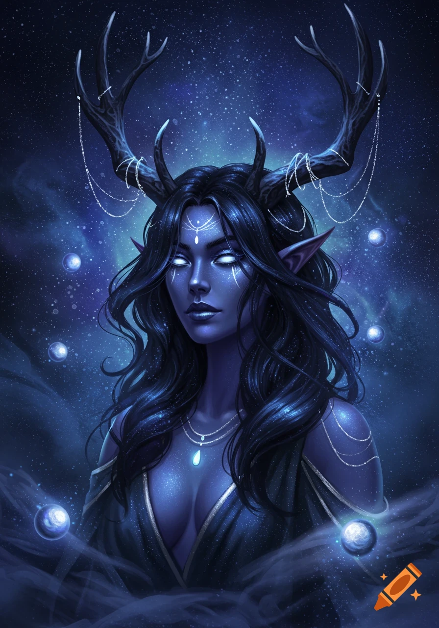 A fantasy portrait of a dark-skinned woman with long dark hair, glowing white eyes, antlers, and a celestial background.