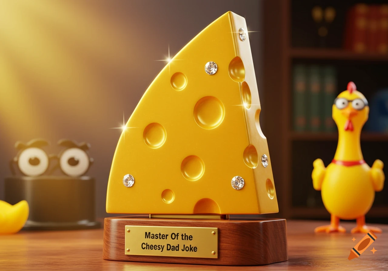 A cheesy, diamond-studded trophy on a wooden base with 'Master Of the Cheesy Dad Joke' inscribed, with cartoon figures in the background. 3D render.