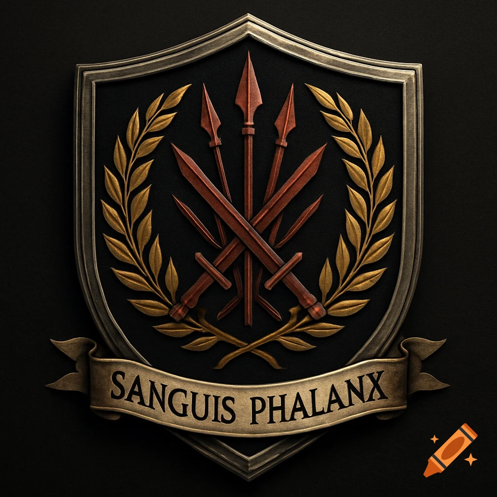 A detailed black, bronze, and gold emblem featuring crossed swords, spears, and a laurel wreath, with a banner reading 'SANGUIS PHALANX' below.