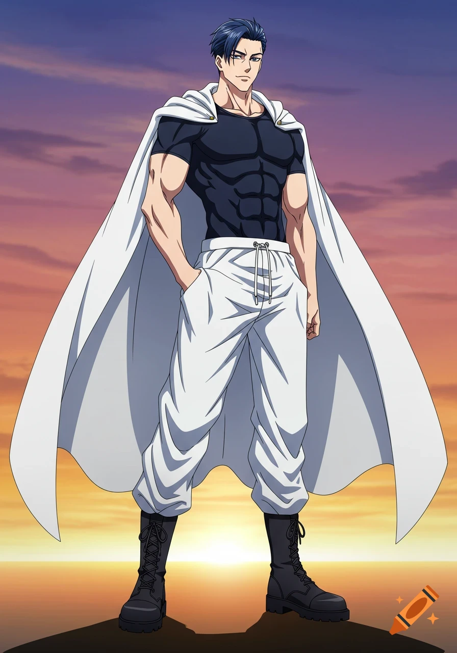 Muscular anime man with navy blue hair and a white cape, black t-shirt, white sweatpants, and combat boots, standing against a sunset sky.