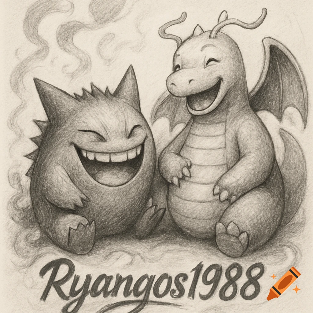 A black and white pencil sketch of Gengar and Dragonite laughing together, with 'Ryangos1988' written below.