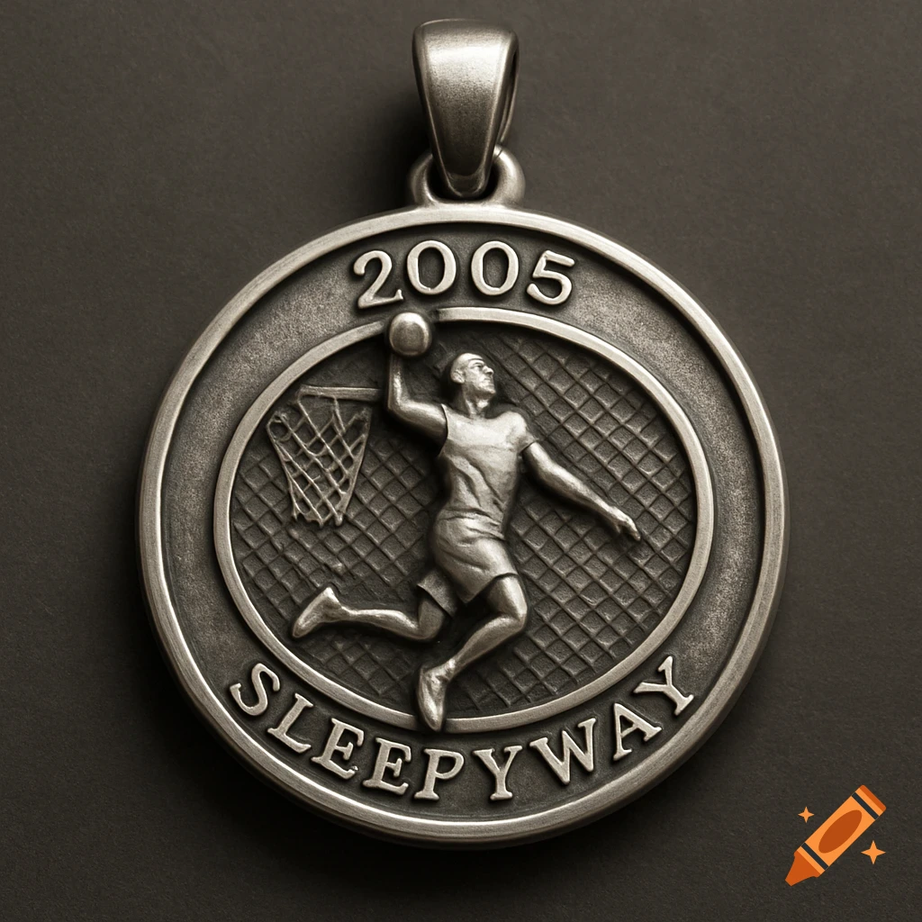 A round, silver-toned pendant featuring a basketball player dunking, with '2005' and 'SLEEPYWAY' engraved on the border.