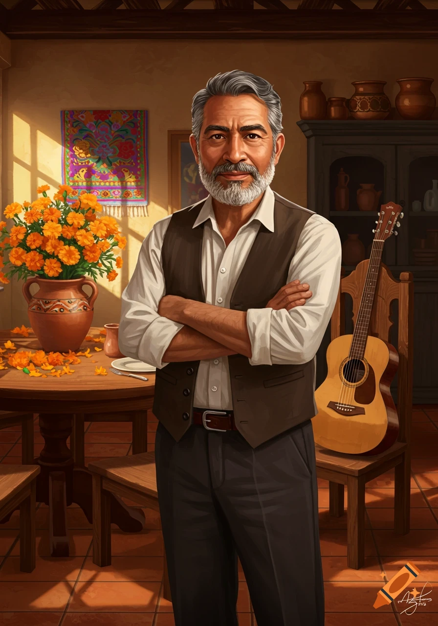 Illustrated portrait of a middle-aged Latino man with a beard, arms crossed, in a room with marigolds and a guitar.
