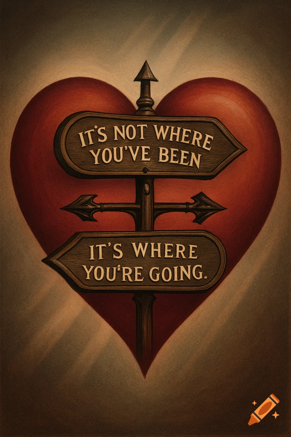 Stylized illustration of a red heart with a wooden signpost reading: It's not where you've been. It's where you're going.