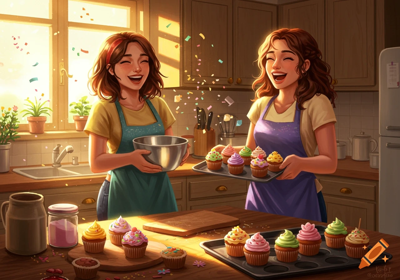 Two cheerful friends in aprons bake colorful cupcakes in a bright kitchen, with sprinkles floating like magic.