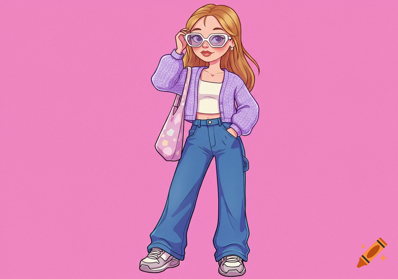 A cartoon girl with long brown hair wears white sunglasses, a purple cropped cardigan, white tank top, blue wide-leg jeans, and sneakers, carrying a pink tote bag against a pink background.