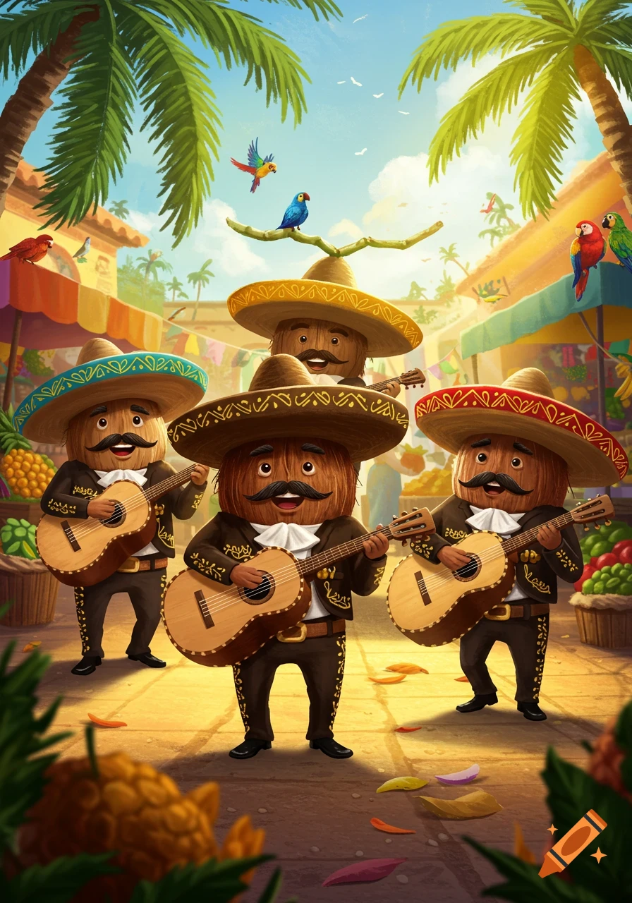 Vibrant cartoon illustration of four coconut mariachis playing guitars in a sunny, bustling market with palm trees and parrots.