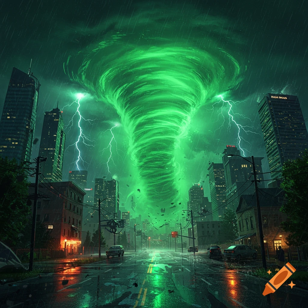 A massive, glowing green tornado rips through a dark, rainy city at night, with lightning striking between tall skyscrapers.