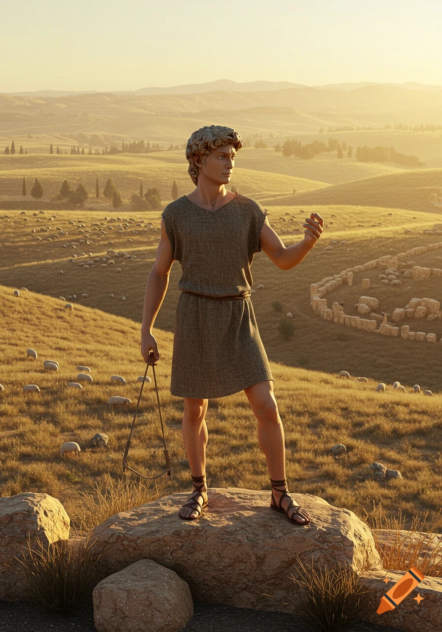A young man, possibly David, stands on a rock holding a sling in a golden-lit, photorealistic pastoral landscape with sheep and hills.