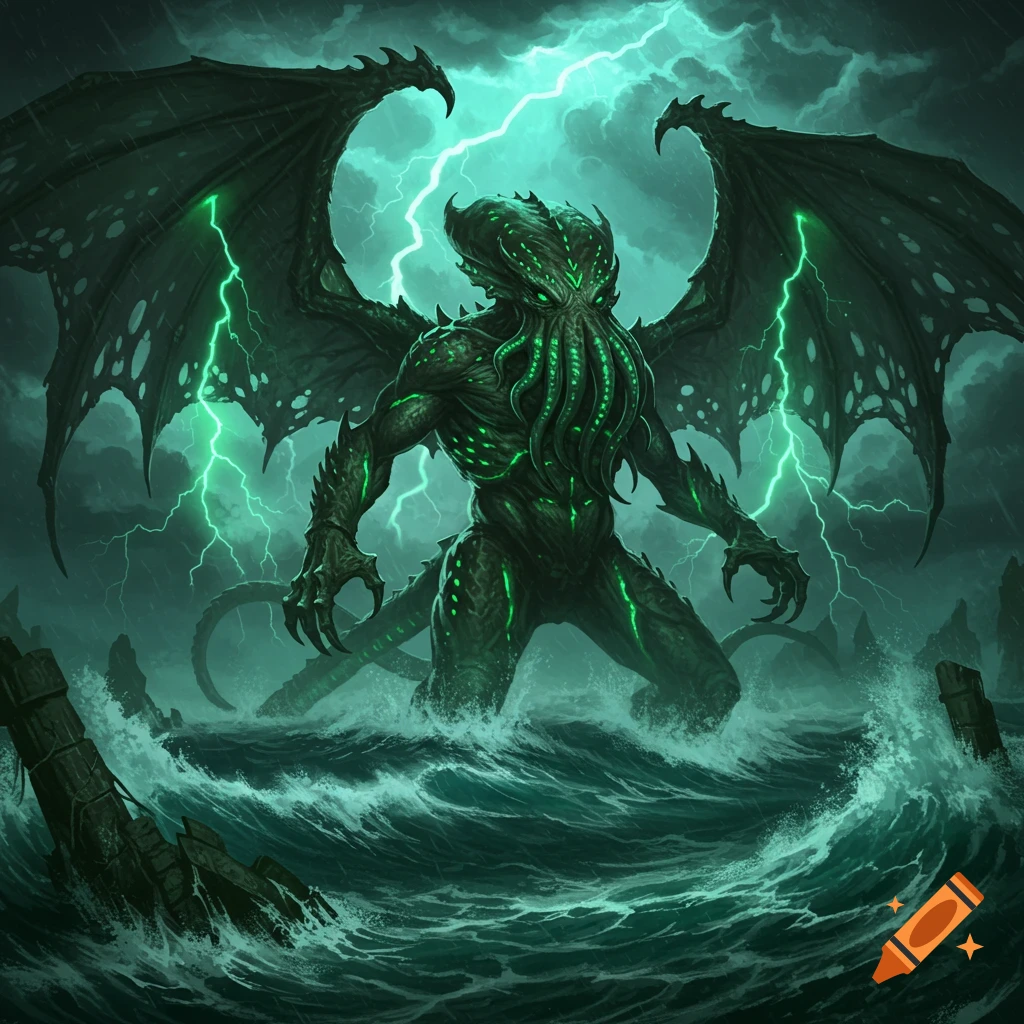 Dark fantasy illustration of Cthulhu, a monstrous creature with wings and tentacles, emerging from stormy ocean water under a lightning-filled sky.