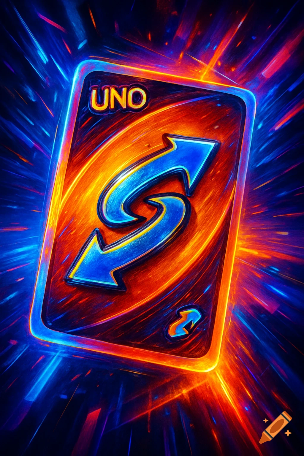 A glowing, vibrant Uno reverse card with energetic red, orange, and blue light streaks on a dark background.