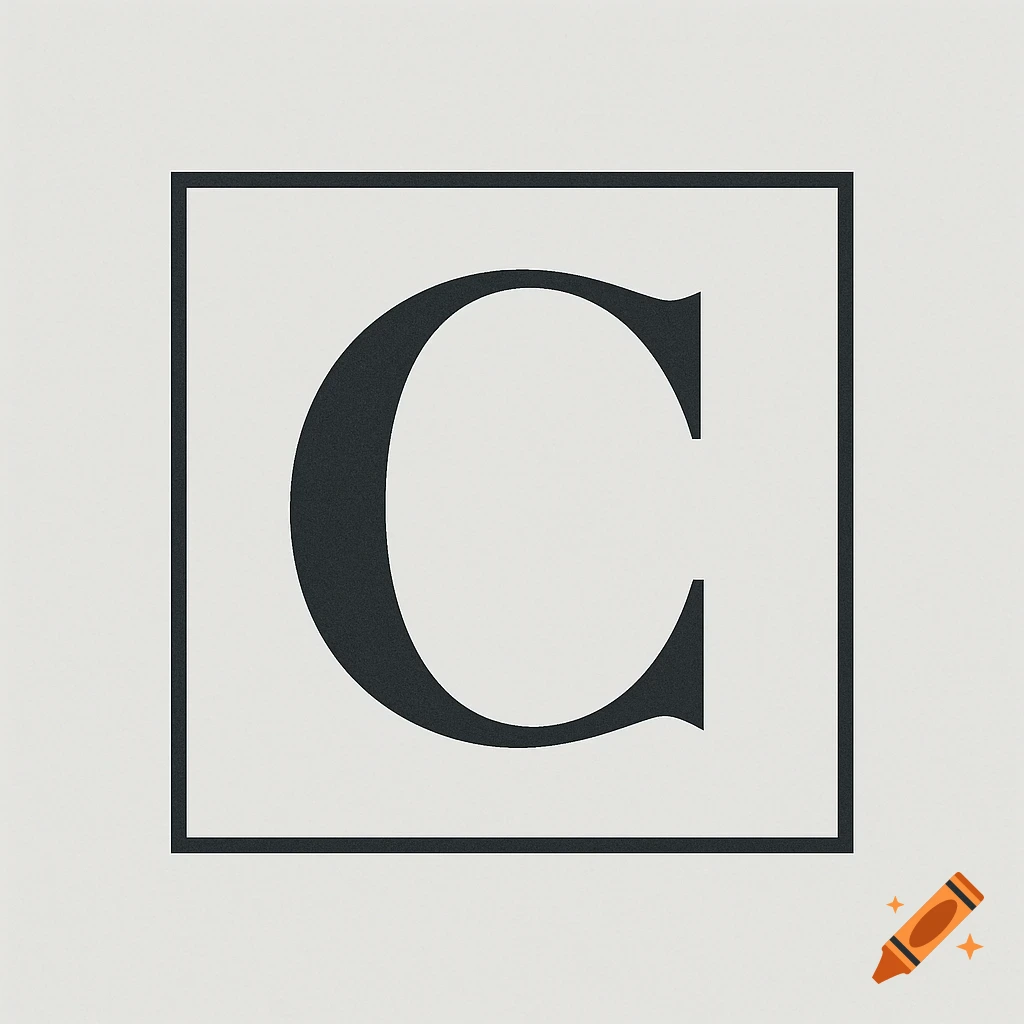 A dark grey letter C with serifs, centered inside a thick black square border on a light grey textured background.