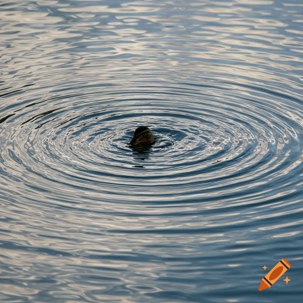 Close-up photorealistic view of a duck's head emerging from blue water, surrounded by concentric ripples.