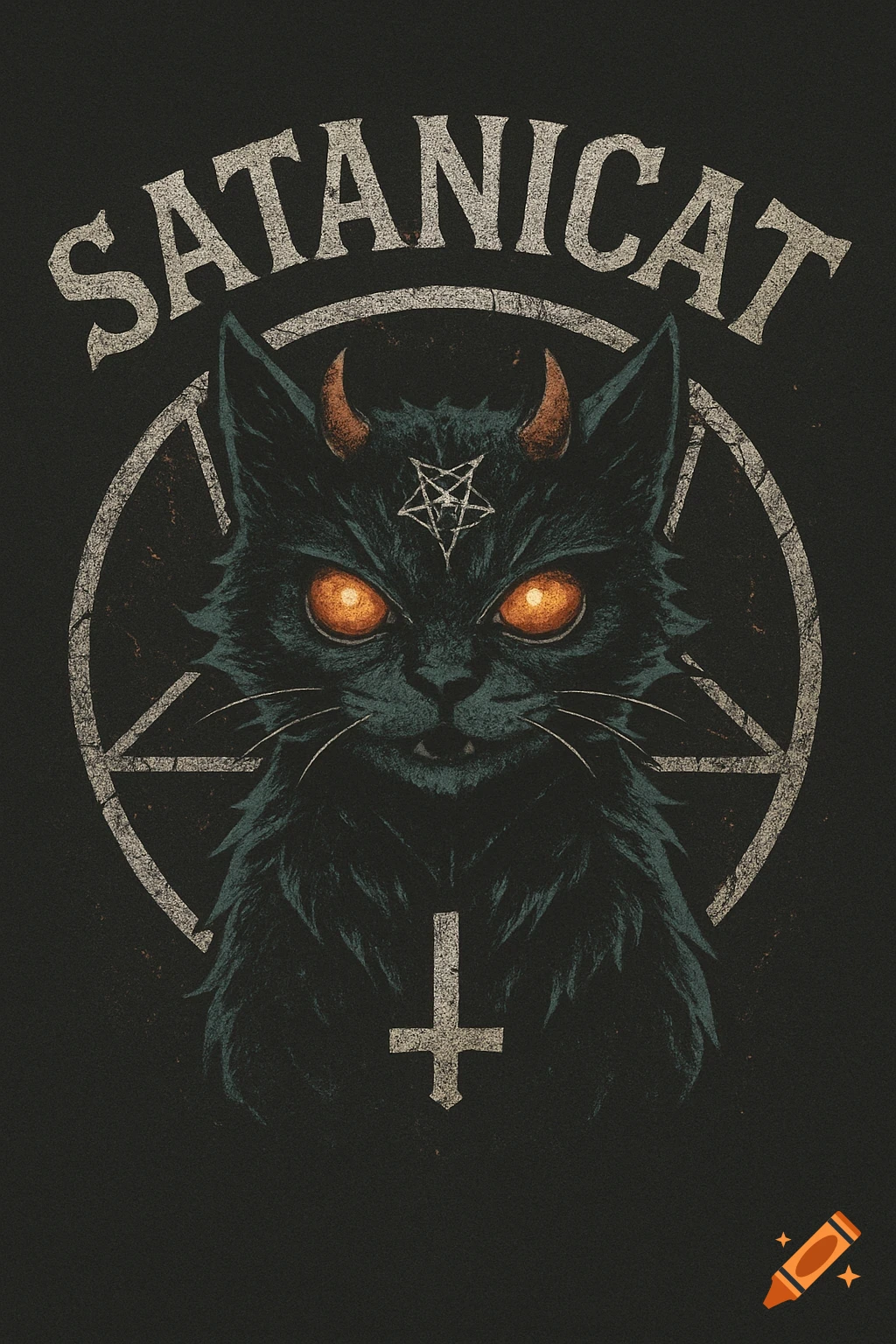 Grungy gothic design of a black cat with devil horns and glowing eyes inside a cracked pentagram, with an inverted cross and 'SATANICAT' text.