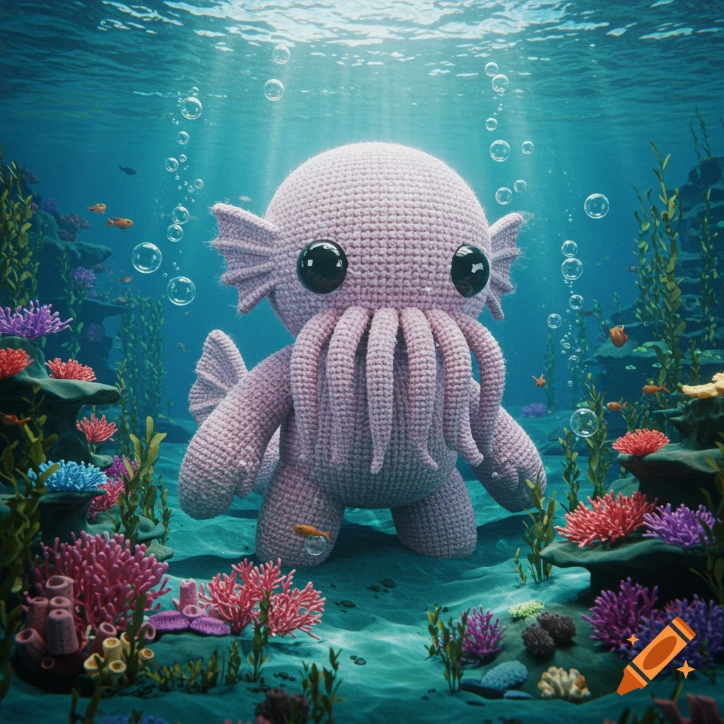 A pastel purple amigurumi creature with tentacles and large black eyes sits on the ocean floor surrounded by colorful coral, seaweed, and small fish. Photorealistic.
