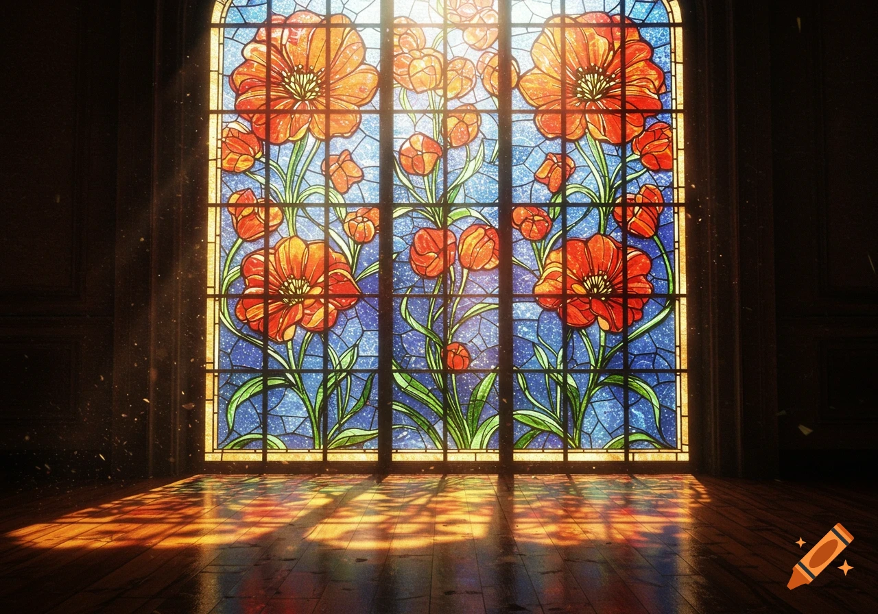 A vibrant stained glass window with red and orange flowers casts colorful patterns of sunlight onto a wooden floor in a dimly lit room.