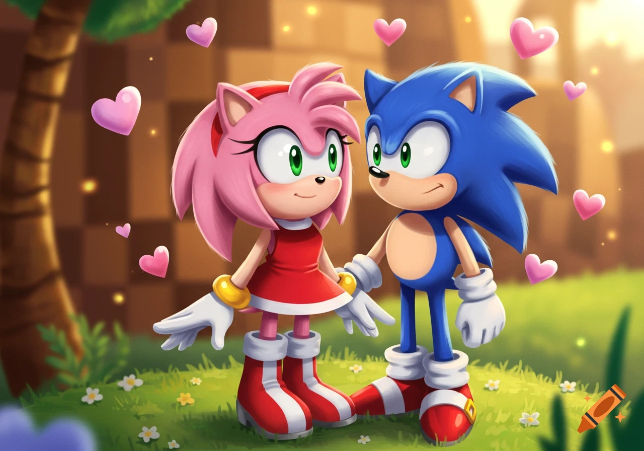 Amy Rose and Sonic the Hedgehog stand together with pink hearts floating around them in a grassy, sunny, cartoon-style landscape with a blocky background.