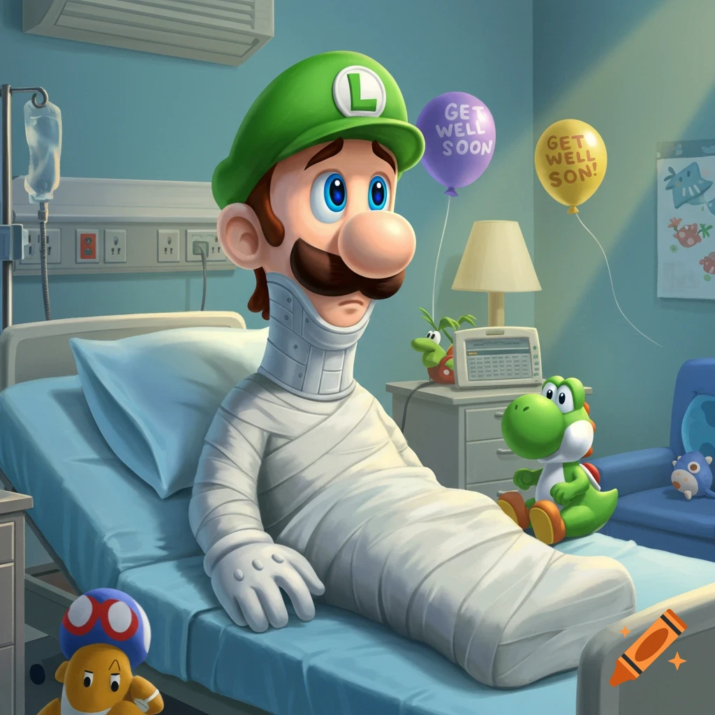 Cartoon illustration of Luigi in a hospital bed with a full body cast and neck brace, with Yoshi and 'Get Well Soon' balloons nearby.
