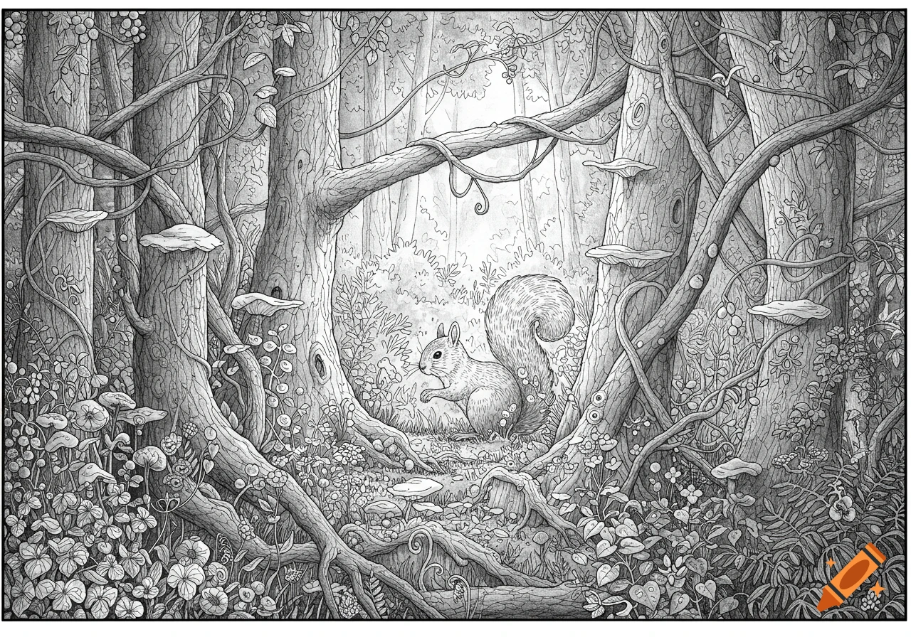 Detailed black and white coloring page of a squirrel in a dense forest with trees, vines, and mushrooms.