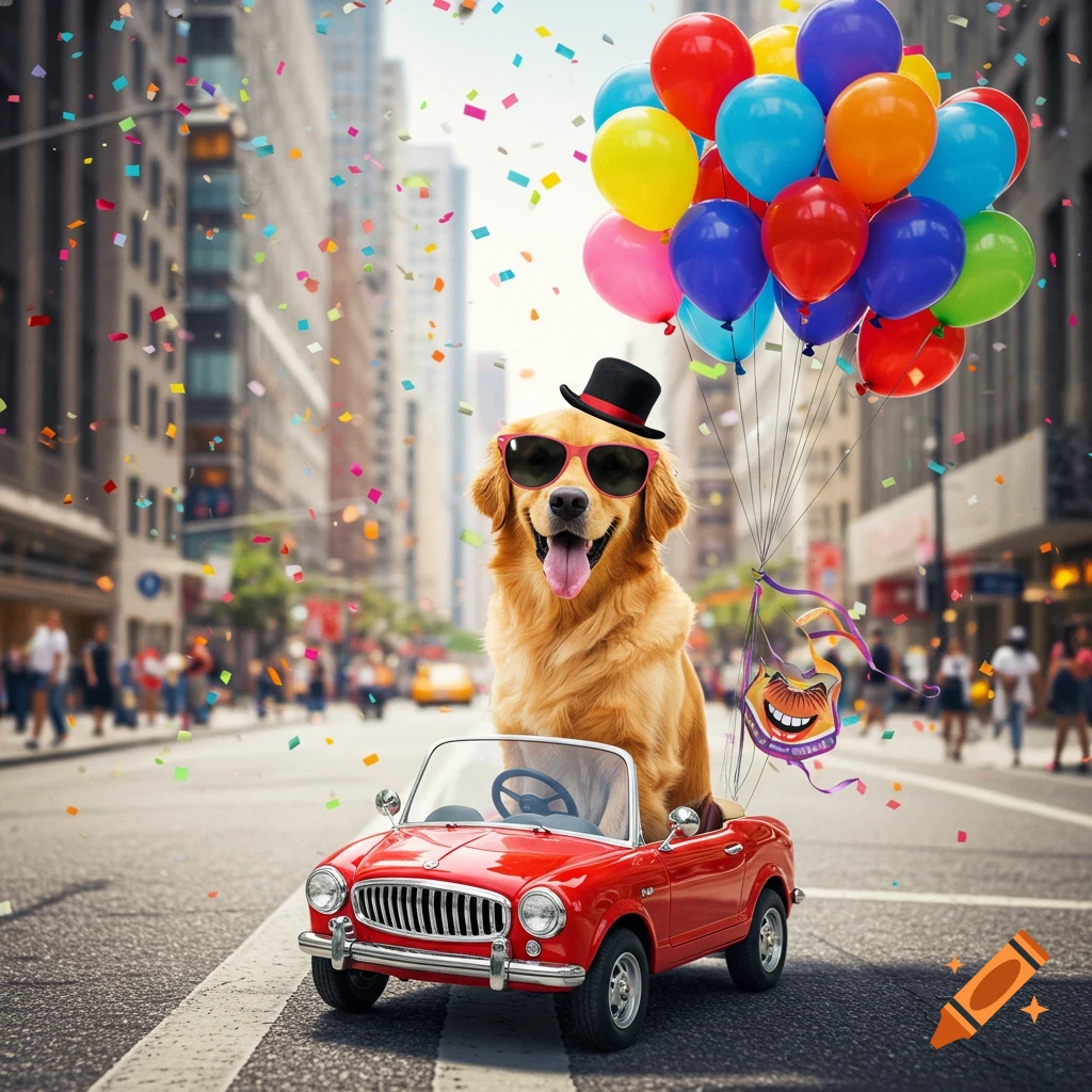 A golden retriever in sunglasses and a top hat drives a red toy car, holding colorful balloons and confetti, down a city street.