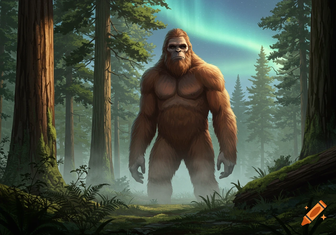A majestic Bigfoot stands in a misty forest under a night sky illuminated by the aurora borealis, in an illustrative style.
