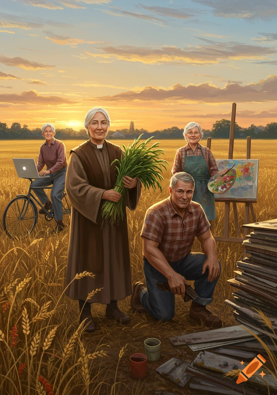 Five elderly people at sunset in a golden wheat field. A woman in a pastor's robe holds wheat, a man kneels with recycling materials, another woman paints at an easel, and a woman rides a bike with a laptop.
