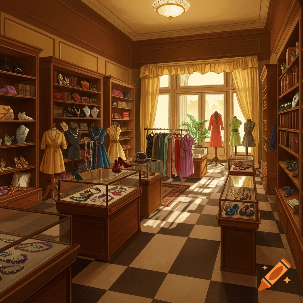 A vintage fashion boutique with a dark checkered floor, displaying clothing, jewelry, and shoes.