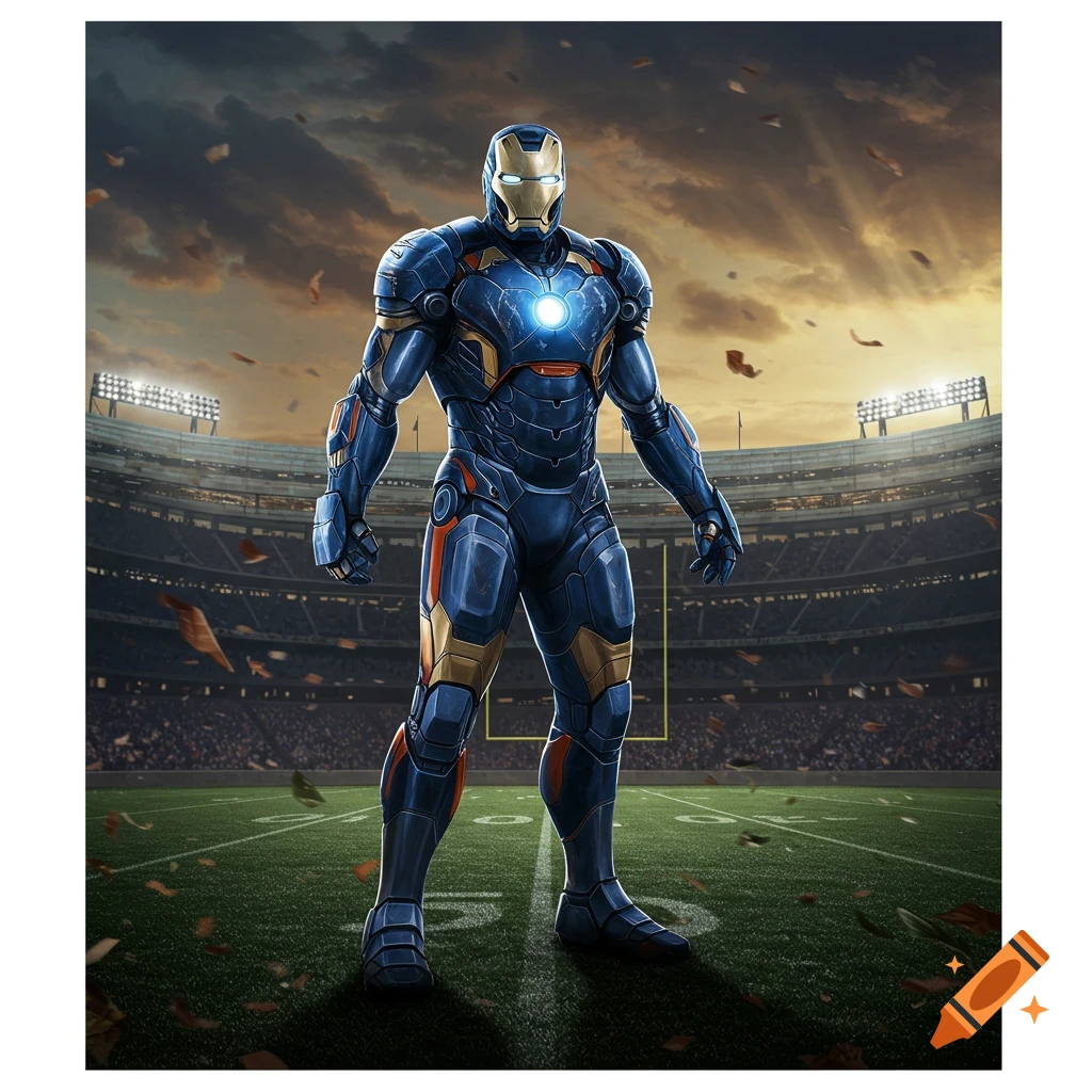 Blue and gold Iron Man suit stands heroically on a football field with stadium lights under a cloudy sky, digital art.