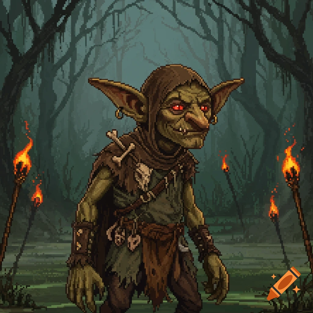 Pixel art portrait of a sinister-looking goblin with red eyes, wearing rags and bones, standing in a dark, misty swamp.