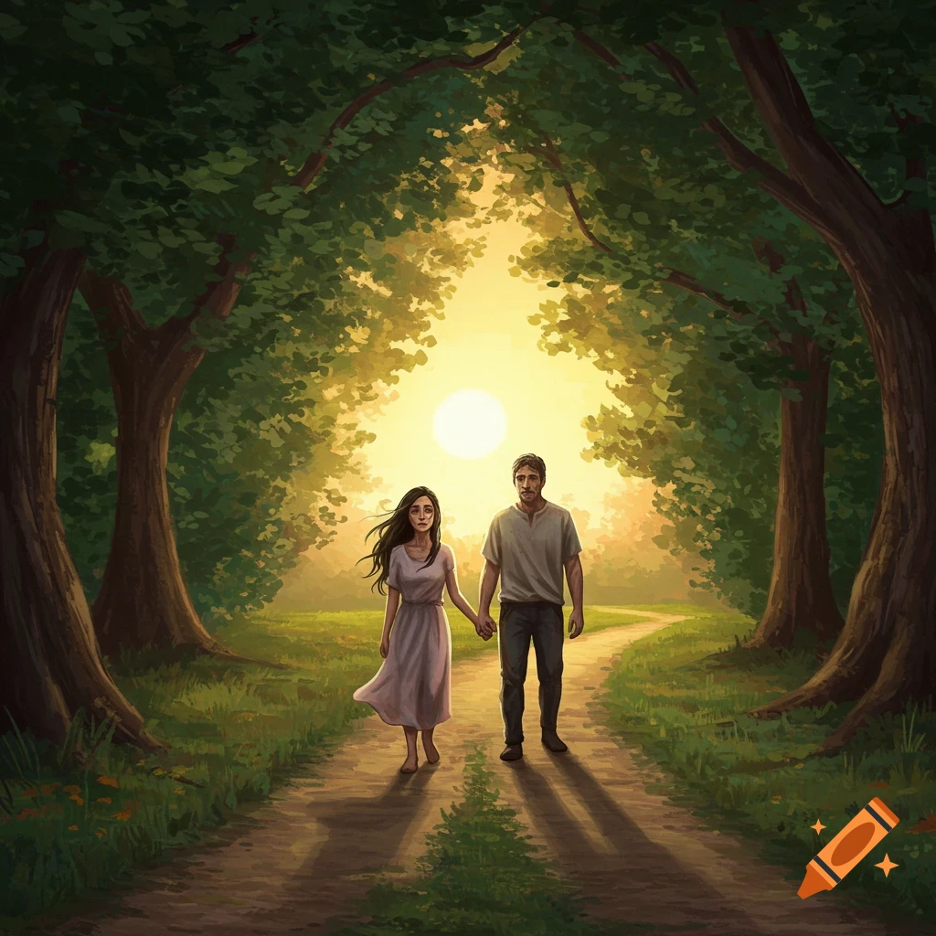 An illustrative painting of a melancholic couple holding hands, walking on a sunlit path through a lush green forest.