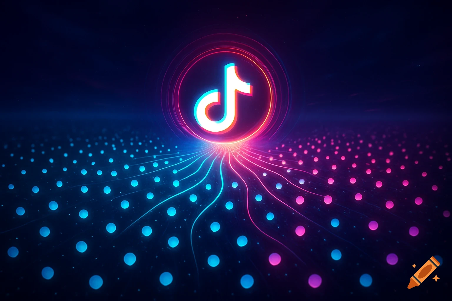 A glowing TikTok logo in neon pink and blue, surrounded by a digital network of connecting lights and dots on a dark background.