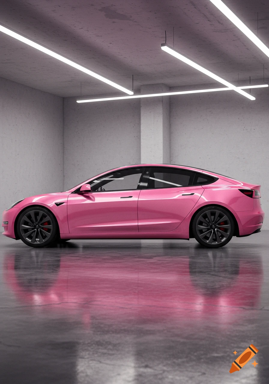 A pink Tesla Model 3 is parked in a modern, well-lit concrete garage, with its reflection visible on the polished floor.