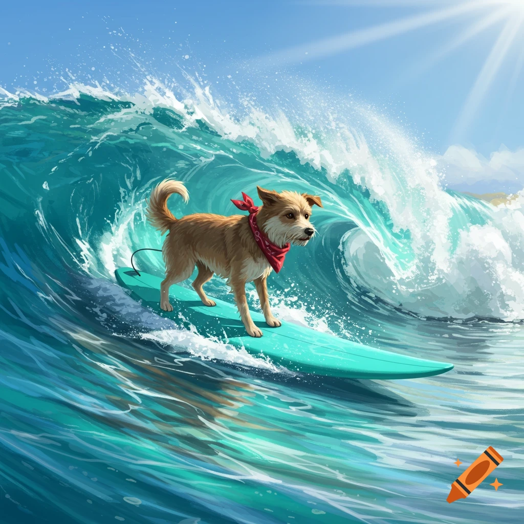 A furry brown dog with a red bandana surfs a large turquoise wave on a bright sunny day.