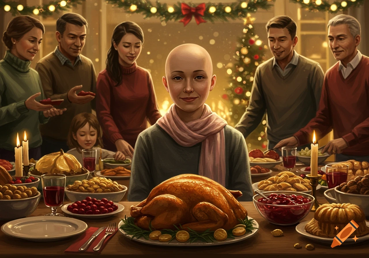 A bald person with a pink scarf smiles at a festive holiday dinner table, surrounded by family and an abundance of food, in a digital painting style.