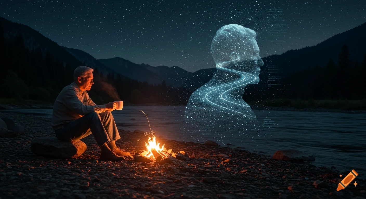 An older man sits by a campfire at night, holding a cup. A glowing, starry, digital silhouette is beside him, overlooking a mountain river.