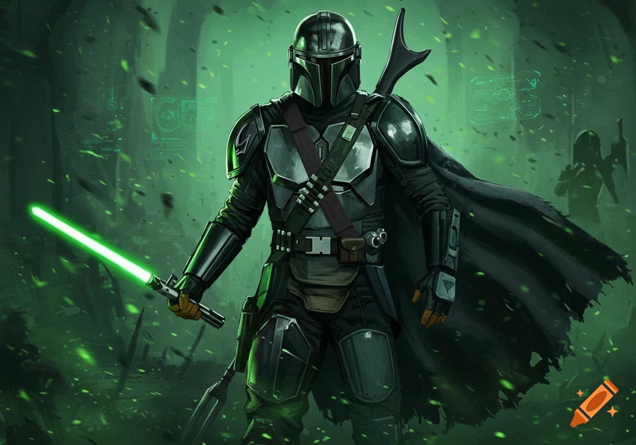 A Mandalorian in black and green armor with a green lightsaber and cape, standing in a misty green futuristic environment.